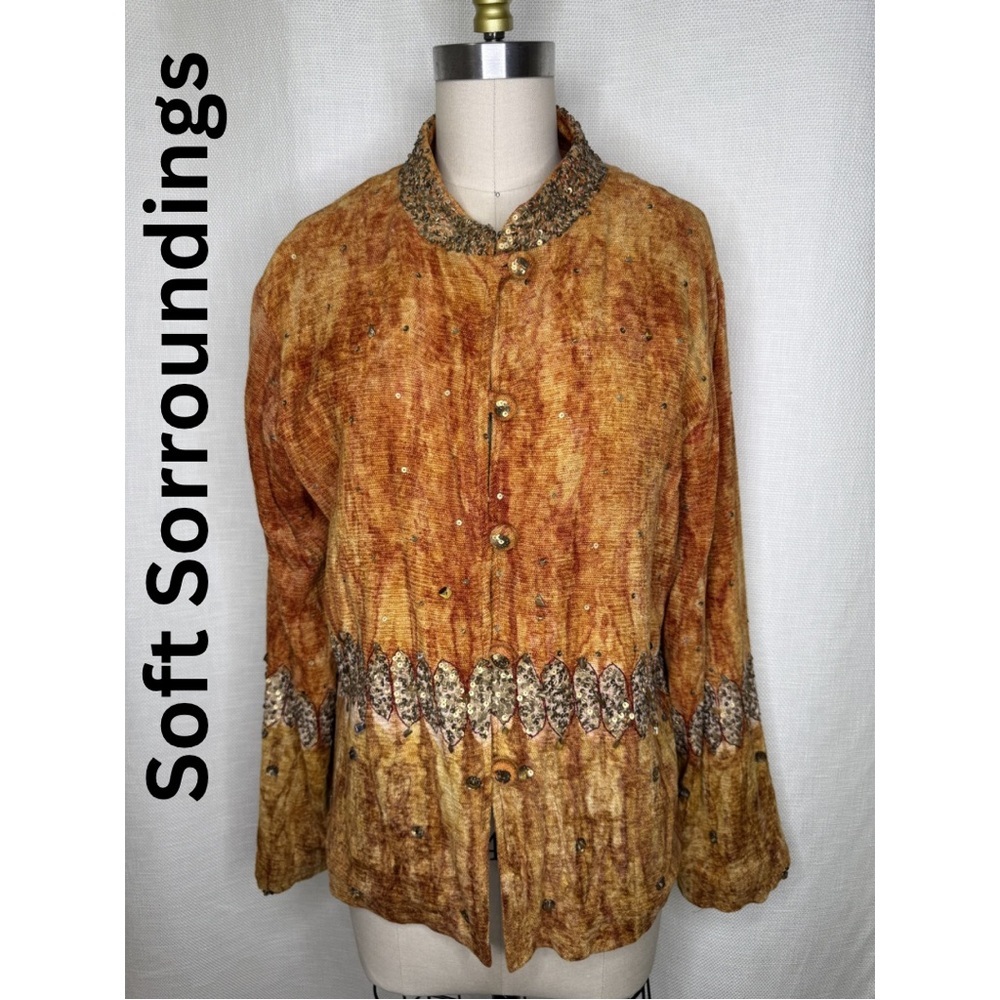 Soft Surroundings Embellished Jacket Size M Boho Beaded Button Front